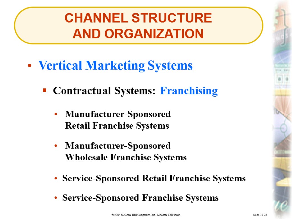 CHANNEL STRUCTURE AND ORGANIZATION Slide 13-28 Vertical Marketing Systems Contractual Systems: Franchising Manufacturer-Sponsored Retail